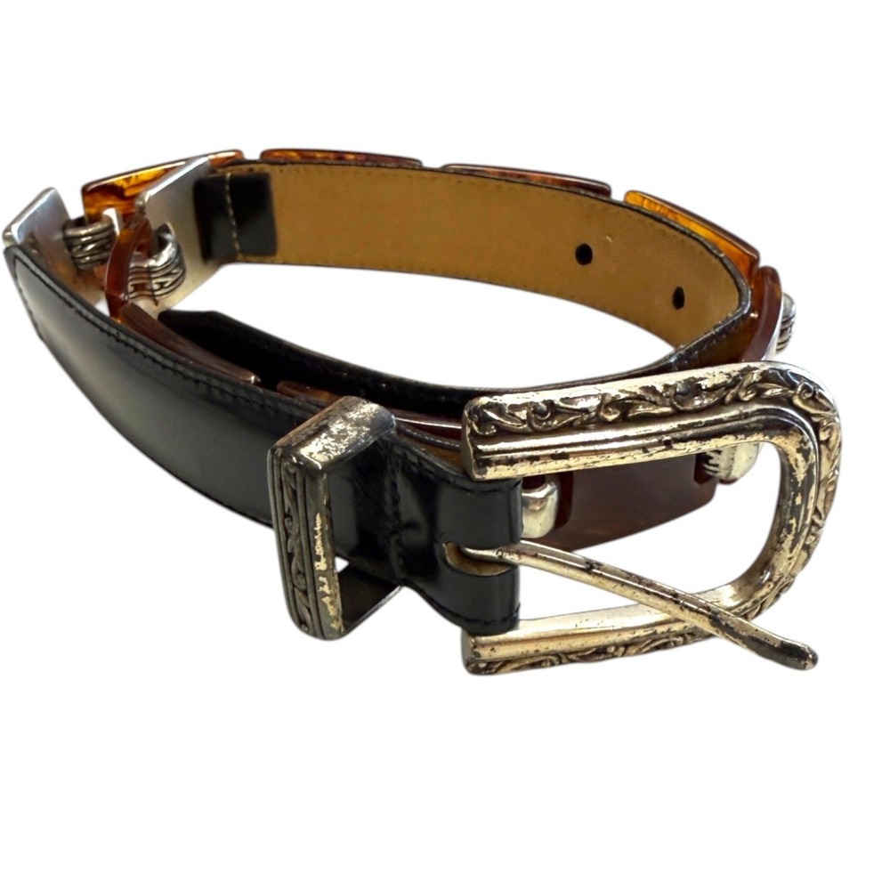 Brighton Vintage Black Leather Tortoise Shell Resin Link Western Belt 42103